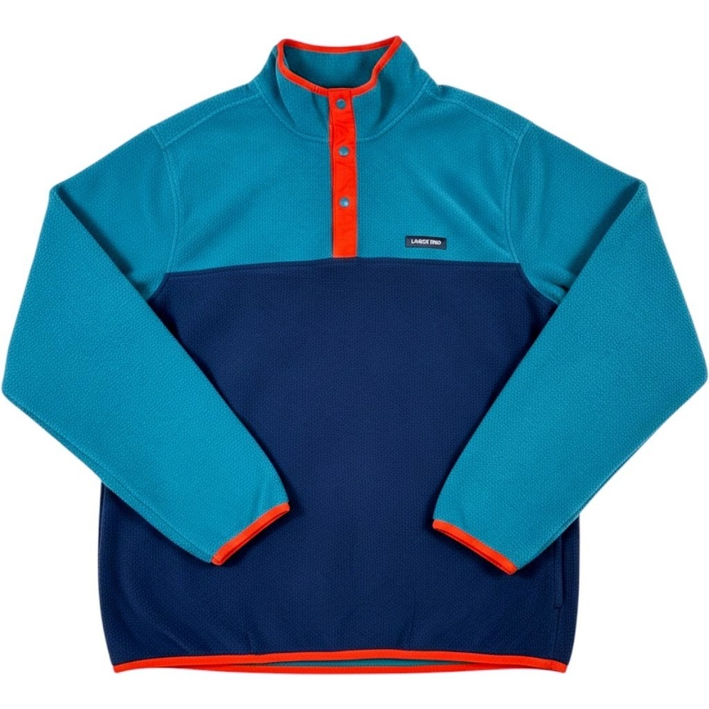 Lands End Fleece Pullover Mens XL Teal Navy Orange Colorblock Snap Button Retro